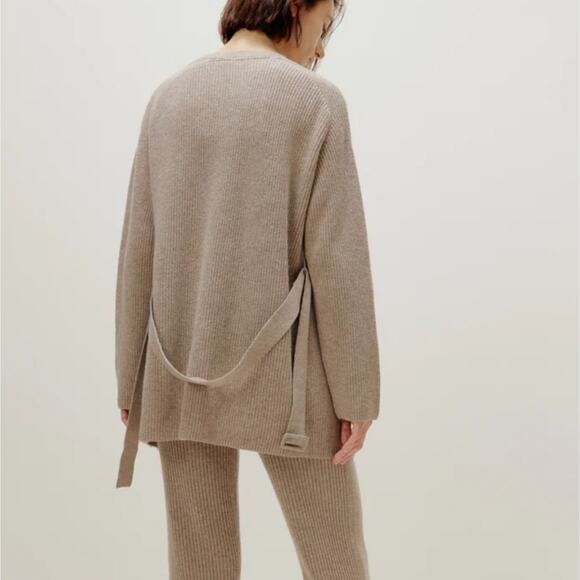 Neiwai V-Neck Wool Cashmere Blend Belted Cardigan Stucco Loose Fit (S) NWT - Picture 3 of 15